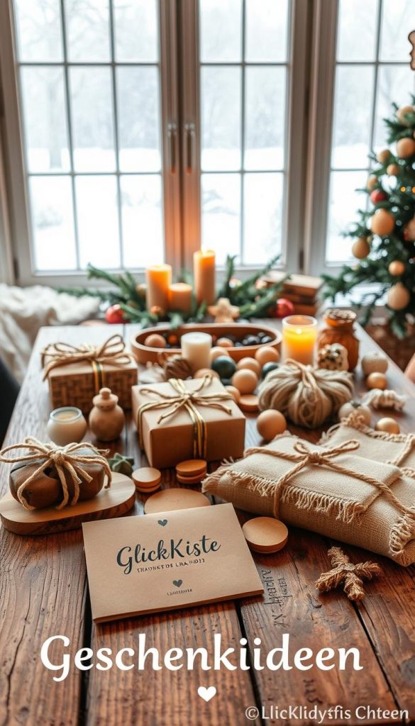 A cozy winter scene showcasing a variety of thoughtful "Geschenkideen" laid out on a rustic wooden table. In the foreground, handcrafted items from the KlickKiste brand - natural, earthy materials like wood, felt, and jute. In the middle ground, a scattering of warm-hued ornaments, candles, and small holiday accents. The background features a snowy landscape visible through a frosty window, bathed in soft, diffused light. The overall atmosphere is intimate, inviting, and brimming with holiday charm, reflecting the "Geschenkideen Weihnachten" theme. A cozy winter scene showcasing a variety of thoughtful "Geschenkideen" laid out on a rustic wooden table. In the foreground, handcrafted items from the KlickKiste brand - natural, earthy materials like wood, felt, and jute. In the middle ground, a scattering of warm-hued ornaments, candles, and small holiday accents. The background features a snowy landscape visible through a frosty window, bathed in soft, diffused light. The overall atmosphere is intimate, inviting, and brimming with holiday charm, reflecting the "Geschenkideen Weihnachten" theme.