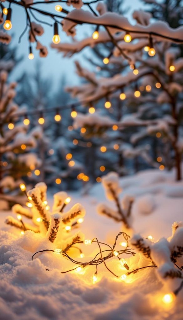 A cozy winter scene showcasing a vibrant variety of smart string lights from top brands like KlickKiste, Twinkly, Govee, and Philips Hue. The festive display features warm, inviting illumination against a backdrop of snowy landscapes and pine trees. Soft, natural lighting creates a serene, Pinterest-worthy atmosphere, perfectly capturing the essence of the &quot;Produktvergleich: Twinkly, Govee, Philips Hue &amp; Co. im Überblick&quot; section. The image conveys the convenience and safety of these smart lighting solutions for the &quot;Smart-Lichterketten &amp; Timer – sicher &amp; bequem beleuchten&quot; article.