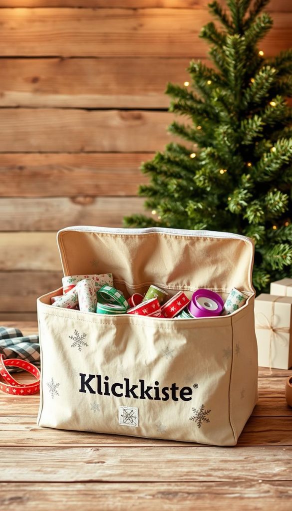 A cozy winter scene showcasing a well-organized storage solution for gift wrap and ribbons. In the foreground, a soft, khaki-colored &quot;KlickKiste&quot; storage bag sits atop a wooden surface, its flaps open to reveal neatly folded sheets of festive wrapping paper and spools of vibrant ribbon. The middle ground features a rustic, pine-planked backdrop, with a touch of greenery adding a natural, earthy element. Warm, golden lighting casts a gentle glow, creating a serene, inviting atmosphere. The overall composition evokes a sense of Pinterest-worthy, DIY-inspired organization and budgeted efficiency.