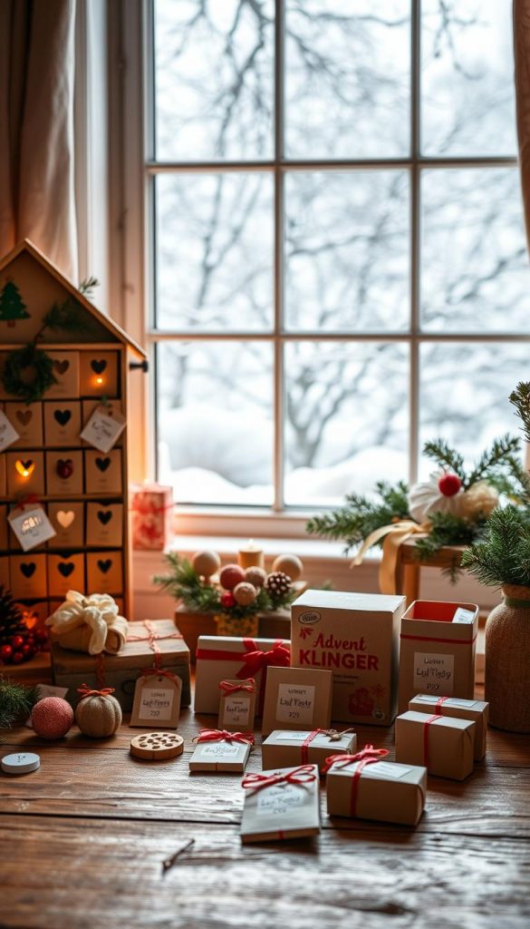A cozy winter scene, showcasing an &quot;Adventskalender&quot; (Advent calendar) being filled with heartfelt gifts. In the foreground, an array of small, handcrafted items from the &quot;KlickKiste&quot; brand, each carefully selected to bring joy. The middle ground features a rustic wooden table, adorned with seasonal foliage and a warm, golden glow. In the background, a window overlooking a snow-capped landscape, radiating a sense of tranquility and wonder. The overall mood is one of wholesome DIY charm, with a touch of Pinterest-inspired aesthetics and winter whimsy. Soft, natural lighting illuminates the scene, creating a welcoming and inspirational atmosphere.