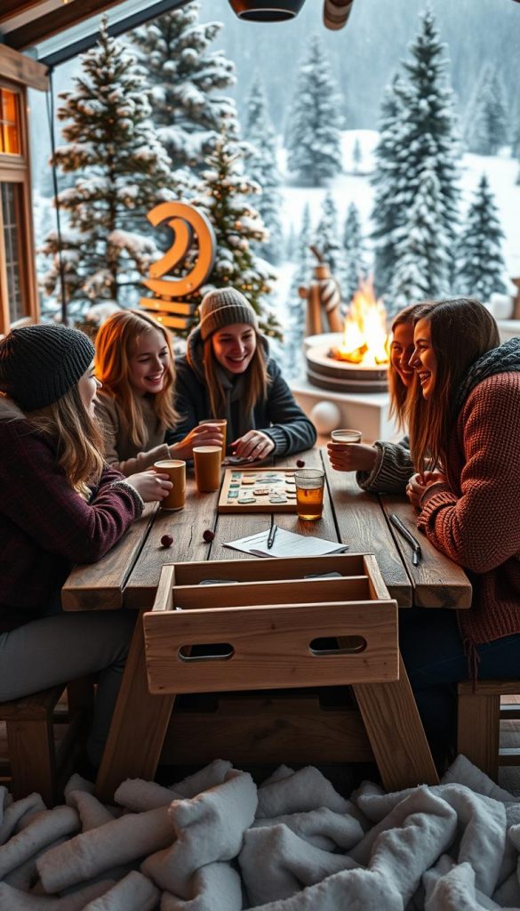 A cozy winter scene showcasing an &quot;Erlebnisgeschenk Zeit&quot; experience. In the foreground, a group of teenagers gather around a rustic wooden table, their faces aglow with laughter as they enjoy a warm beverage and engage in a board game. The middle ground features a KlickKiste, a DIY craft project they have been working on, its natural materials and warm tones blending seamlessly with the overall aesthetic. In the background, a snow-dusted landscape with pine trees and a crackling fireplace sets a serene, inviting atmosphere. The lighting is soft and diffused, creating a sense of intimacy and togetherness. The overall mood is one of authentic, Pinterest-inspired coziness, where quality time spent together is the true gift.