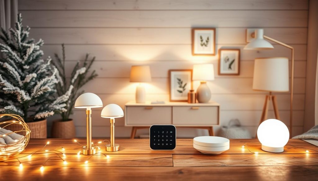 A cozy winter scene showcasing an array of "KlickKiste" smart home lighting solutions for a warm, inviting atmosphere. In the foreground, an assortment of LED string lights, table lamps, and floor lamps cast a soft, ambient glow across a rustic wooden table. In the middle ground, a minimalist, beige-toned side table displays a smart home hub, seamlessly integrating the lighting controls. The background features a natural, whitewashed wooden wall, complemented by a few framed botanical prints. The overall mood is one of hygge, with natural textures, muted colors, and a sense of simple, elegant design.
