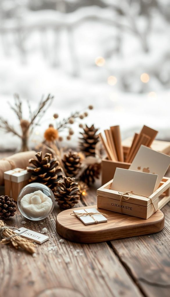 A cozy winter scene showcasing an assortment of mini-gifts from the KlickKiste brand. In the foreground, a variety of small, practical items like a glass cleaning ball, a desk organizer, and a set of minimalist stationery are artfully arranged on a rustic wooden surface, their warm tones and natural textures creating a comforting, handcrafted aesthetic. The middle ground features a sprinkling of seasonal accents like pinecones, dried florals, and a scattering of fairy lights, evoking a sense of festive charm. The background is softly blurred, hinting at a snow-dusted outdoor scene, casting a serene, Pinterest-inspired ambiance over the entire composition. The lighting is soft and diffused, casting a gentle glow that heightens the intimate, homemade feel of the image.