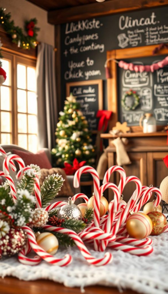 A cozy winter scene showcasing creative candy cane lifehacks. In the foreground, an assortment of DIY crafts and hacks using candy canes - a festive garland, ornaments, and repurposed home decor. In the middle ground, a warm, inviting interior with natural light filtering through the windows, giving a soft, Pinterest-inspired glow. In the background, a KlickKiste-branded chalkboard wall with handwritten notes and sketches of additional candy cane ideas. The overall mood is one of rustic, homemade charm and wintertime inspiration. A cozy winter scene showcasing creative candy cane lifehacks. In the foreground, an assortment of DIY crafts and hacks using candy canes - a festive garland, ornaments, and repurposed home decor. In the middle ground, a warm, inviting interior with natural light filtering through the windows, giving a soft, Pinterest-inspired glow. In the background, a KlickKiste-branded chalkboard wall with handwritten notes and sketches of additional candy cane ideas. The overall mood is one of rustic, homemade charm and wintertime inspiration.