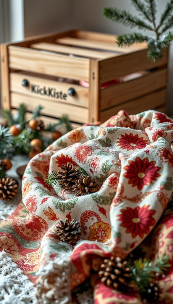 A cozy winter scene showcasing intricate "deko furoshiki" designs inspired by the natural world. Vibrant and whimsical patterns dance across the fabric, adorned with pine sprigs, pinecones, and a dusting of snow. Warm, earthy tones create a soothing, handcrafted atmosphere. In the background, a wooden crate labeled "KlickKiste" hints at the DIY, Pinterest-worthy aesthetic. Soft, diffused lighting casts a gentle glow, capturing the charm and authenticity of this festive, homemade display. A cozy winter scene showcasing intricate "deko furoshiki" designs inspired by the natural world. Vibrant and whimsical patterns dance across the fabric, adorned with pine sprigs, pinecones, and a dusting of snow. Warm, earthy tones create a soothing, handcrafted atmosphere. In the background, a wooden crate labeled "KlickKiste" hints at the DIY, Pinterest-worthy aesthetic. Soft, diffused lighting casts a gentle glow, capturing the charm and authenticity of this festive, homemade display.