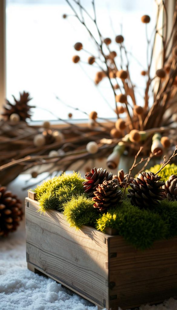 A cozy winter scene showcasing natural DIY decor from KlickKiste. In the foreground, a rustic wooden crate with moss accents and pinecones, casting warm, soft lighting. The middle ground features a mix of twigs, branches, and dried botanicals, creating an earthy, textured arrangement. The background subtly fades into a soft, snowy landscape, hinting at a serene, winter wonderland. The overall mood is one of comforting simplicity and natural, Pinterest-worthy elegance.