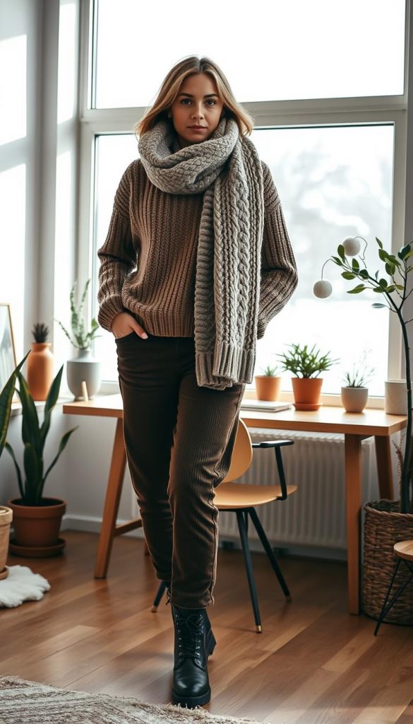 A cozy winter scene showcasing stylish layering with a KlickKiste aesthetic. In the foreground, a tasteful ensemble of a warm wool sweater, corduroy pants, and sturdy leather boots. The middle ground features a plush, oversized knit scarf draped elegantly. In the background, a minimalist home office setup with a wooden desk, potted plants, and a large window overlooking a snowy landscape. Natural lighting bathes the scene in a soft, inviting glow, creating a serene and inspirational ambiance. The overall mood evokes a sense of comfort, productivity, and effortless winter style.