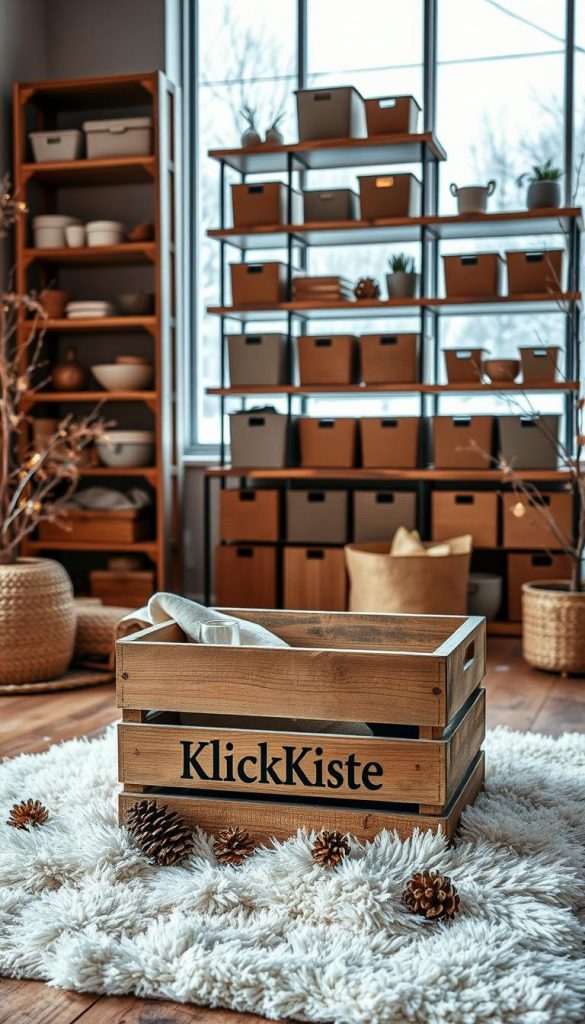 A cozy winter scene showcasing sustainable material storage solutions. In the foreground, a rustic wooden crate labeled "KlickKiste" sits atop a plush white rug, surrounded by natural elements like pinecones and dried foliage. The middle ground features shelves made of reclaimed wood, displaying an array of stylishly organized storage containers in earthy tones. Soft, warm lighting casts a inviting glow, while the background suggests a serene, snowy landscape visible through large windows. The overall atmosphere is one of coziness, practicality, and environmental consciousness, perfectly capturing the essence of "nachhaltige materialien lagerung" for the article's "Nachhaltige Alternativen & Platzlösungen über das Jahr" section. A cozy winter scene showcasing sustainable material storage solutions. In the foreground, a rustic wooden crate labeled "KlickKiste" sits atop a plush white rug, surrounded by natural elements like pinecones and dried foliage. The middle ground features shelves made of reclaimed wood, displaying an array of stylishly organized storage containers in earthy tones. Soft, warm lighting casts a inviting glow, while the background suggests a serene, snowy landscape visible through large windows. The overall atmosphere is one of coziness, practicality, and environmental consciousness, perfectly capturing the essence of "nachhaltige materialien lagerung" for the article's "Nachhaltige Alternativen & Platzlösungen über das Jahr" section.
