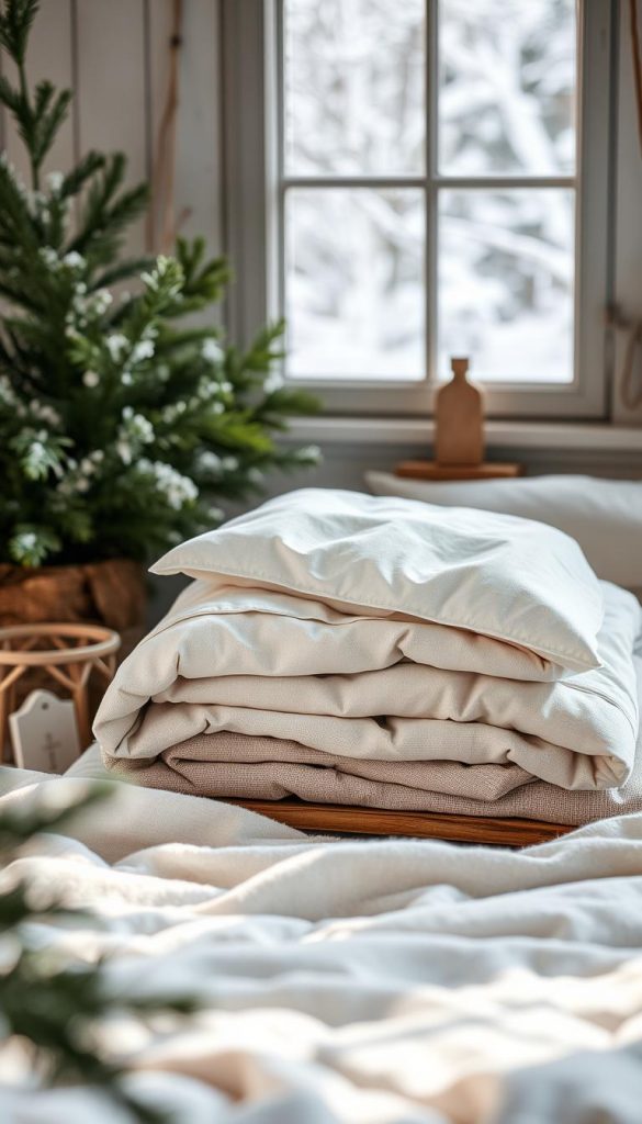A cozy winter scene showcasing the KlickKiste brand of modern and sustainable bedding care. Soft, natural light bathes the frame, highlighting a neatly folded pile of fluffy, fresh &quot;pflege bettwäsche&quot; in neutral tones. The bedding is complemented by a rustic wooden surface, lush greenery, and a few simple, Pinterest-inspired accents. The overall mood is warm, inviting, and authentically captured, evoking a sense of easy, eco-friendly home care. Shallow depth of field draws the eye to the foreground, while the background fades into a dreamy, out-of-focus winter wonderland.