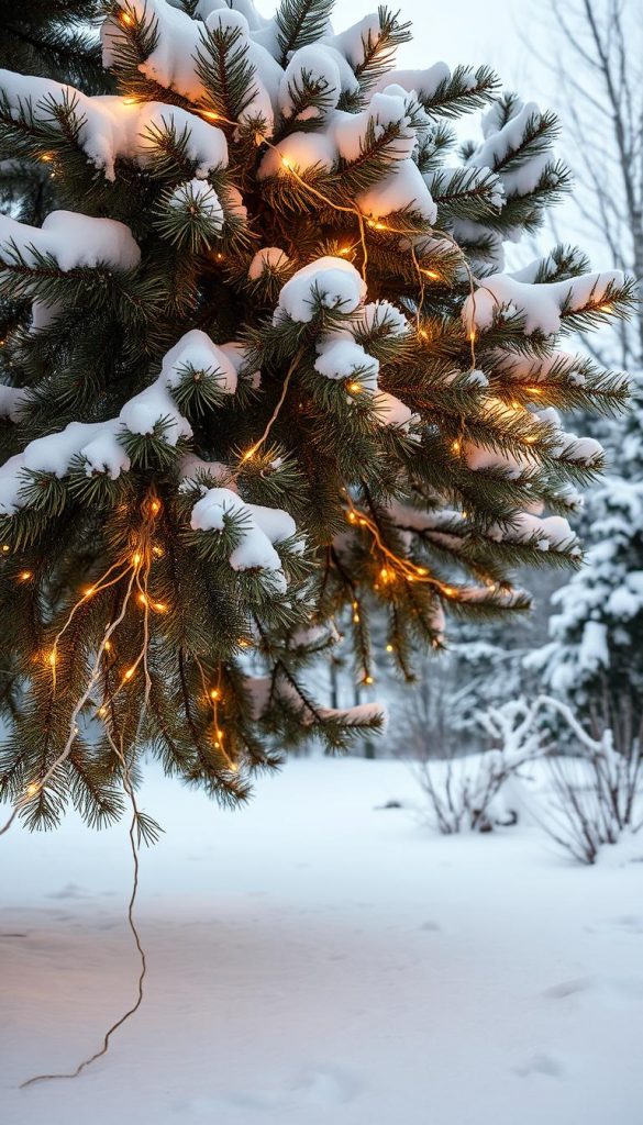 A cozy winter scene showcasing the KlickKiste holiday lighting setup. Strings of warm, twinkling lights gently cascade down a snow-dusted pine tree, casting a soft glow across the tranquil landscape. Carefully routed cables maintain a clean, uncluttered look, avoiding any unsightly tangles or tripping hazards. The lighting is balanced, neither too bright nor too dim, creating an inviting, Pinterest-worthy atmosphere. Earthy tones and natural textures blend harmoniously, evoking a sense of rustic charm and DIY authenticity. The overall composition radiates a sense of holiday cheer and festive winter charm. A cozy winter scene showcasing the KlickKiste holiday lighting setup. Strings of warm, twinkling lights gently cascade down a snow-dusted pine tree, casting a soft glow across the tranquil landscape. Carefully routed cables maintain a clean, uncluttered look, avoiding any unsightly tangles or tripping hazards. The lighting is balanced, neither too bright nor too dim, creating an inviting, Pinterest-worthy atmosphere. Earthy tones and natural textures blend harmoniously, evoking a sense of rustic charm and DIY authenticity. The overall composition radiates a sense of holiday cheer and festive winter charm.
