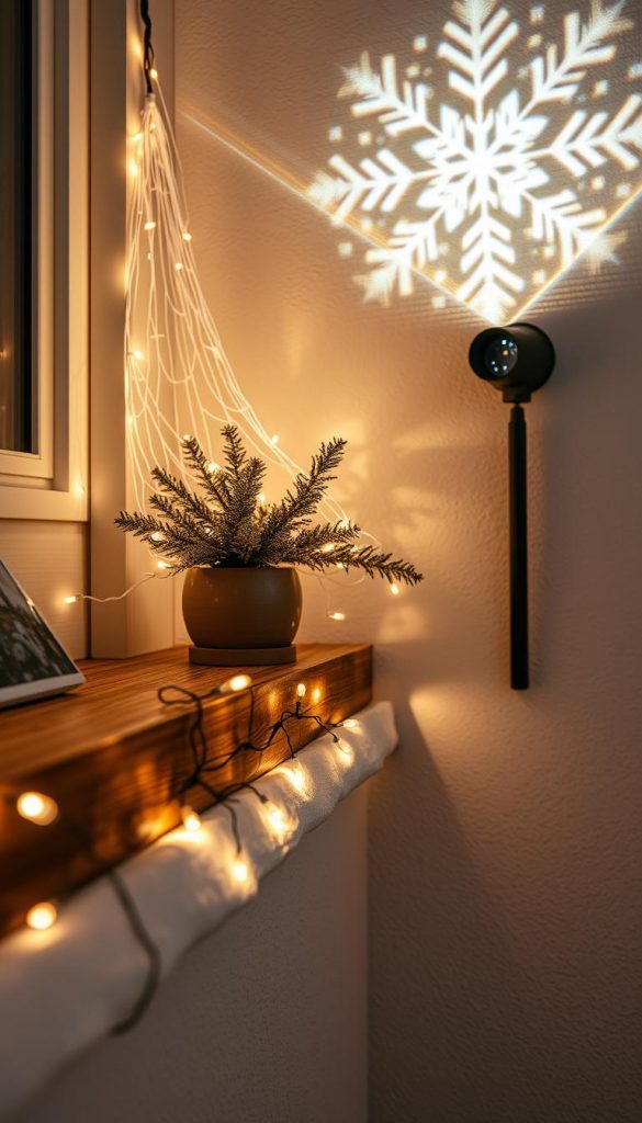 A cozy winter scene showcasing the KlickKiste product lineup. In the foreground, a string of warm, glowing LED lights adorns a rustic wooden ledge, casting a soft, ambient glow. In the middle ground, an elegant lighting net cascades over a decorative plant, creating a dreamy, wintry effect. In the background, a sleek, modern light projector casts a mesmerizing pattern of snowflakes onto a textured, off-white wall, evoking a sense of magic and wonder. The overall composition evokes a natural, DIY-inspired aesthetic with a touch of Pinterest-worthy style, perfect for illustrating the comparison of different holiday lighting products.