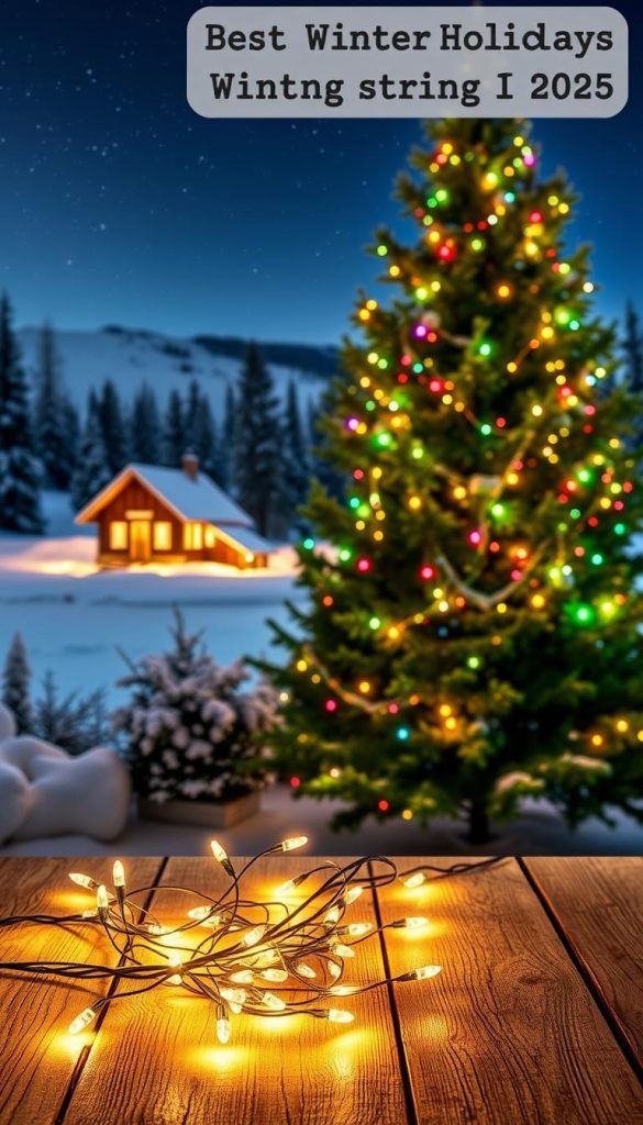 A cozy winter scene showcasing the best holiday string lights for 2025. In the foreground, a rustic wooden table adorned with a mix of KlickKiste warm white and multi-colored LED lights, casting a soft, inviting glow. In the middle ground, a lush evergreen tree decorated with a vibrant array of KlickKiste string lights, creating a festive atmosphere. The background features a snow-covered landscape, with a starry night sky and a distant, illuminated cabin, adding to the serene, winter wonderland ambiance. The overall mood is one of natural, DIY-inspired coziness, with a touch of Pinterest-worthy aesthetic.