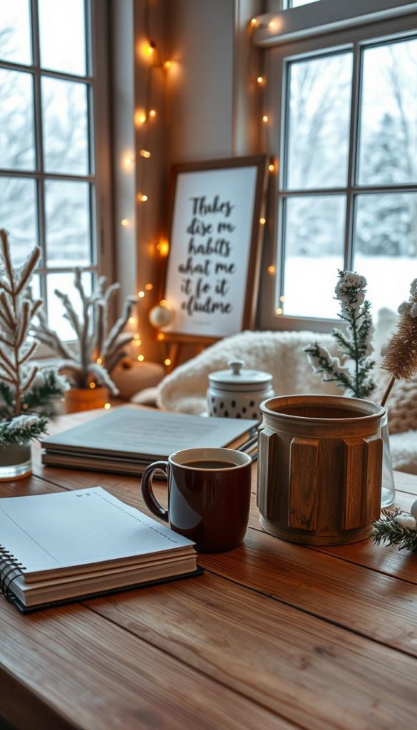 A cozy winter scene showcasing the daily habits and routines of the new year. In the foreground, a wooden desk adorned with a mug of hot coffee, a planner, and a KlickKiste - a rustic container for organizing tasks and goals. Surrounded by soft, earthy tones and natural textures, the scene evokes a sense of calm and intentionality. In the middle ground, a string of fairy lights casts a warm glow, accentuating a framed inspirational quote on the wall. The background features a large window overlooking a snowy landscape, hinting at the tranquil, rejuvenating nature of these newfound habits and routines. The overall atmosphere is one of mindfulness, productivity, and a fresh start for the new year.