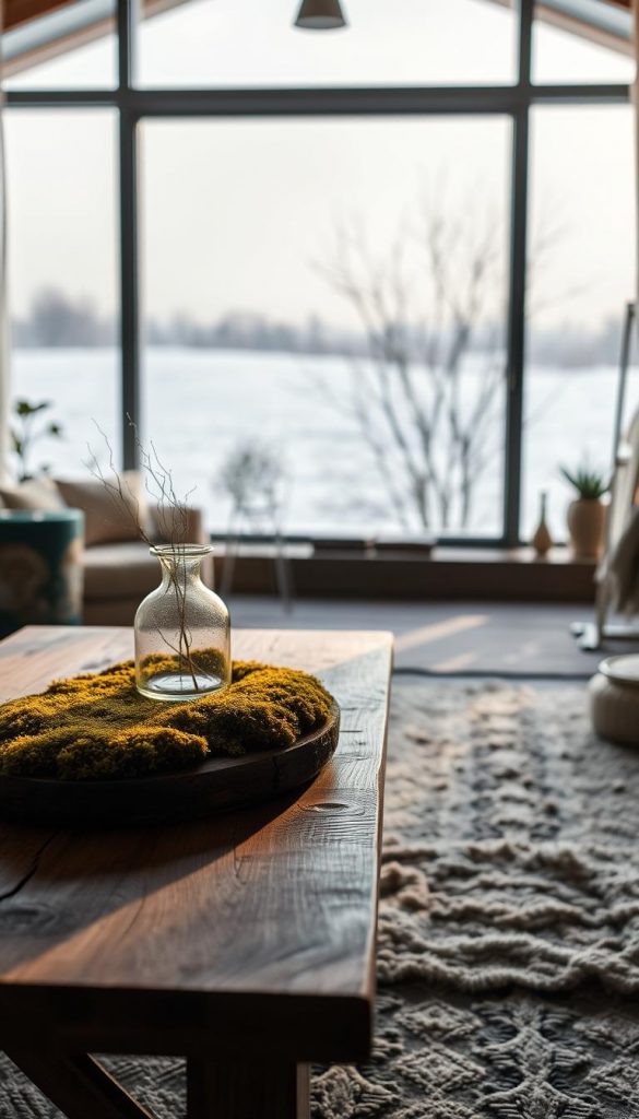 A cozy winter scene showcasing the latest &quot;Naturlook&quot; interior design trends for 2025. In the foreground, a rustic wooden table is adorned with a lush moss arrangement and a single glass vase, casting a warm, earthy glow. The middle ground features a floor-to-ceiling window, allowing natural light to flood the space and highlighting the natural textures of the KlickKiste decor. The background depicts a tranquil, snowy landscape, creating a calming, serene atmosphere. The overall composition exudes a sense of harmony, blending the indoor and outdoor elements seamlessly. Soft, diffused lighting and a muted color palette evoke a feeling of understated elegance and seasonal comfort.