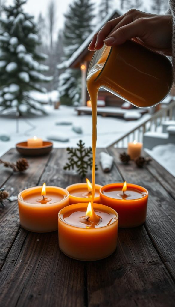 A cozy winter scene showcasing the melting of wax candles. In the foreground, a set of festive KlickKiste candles in warm, earthy tones - vanilla, fir, and orange - are being hand-poured, their wax liquefying under the gentle glow of soft lighting. The middle ground reveals a rustic wooden table, its surface textured and weathered, providing a natural backdrop. In the background, a winter landscape comes into view, with snow-dusted pine trees and a hint of a cozy cabin, creating a serene, hygge-inspired atmosphere. The overall mood is one of warmth, craftsmanship, and the simple pleasures of handmade winter decor.