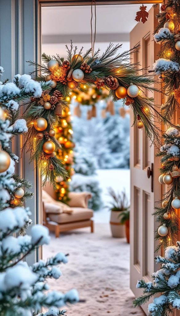 A cozy winter scene showcasing the most captivating Christmas door decor ideas for 2025. In the foreground, a beautifully crafted wreath made of natural pine branches, dried citrus, and twinkling fairy lights takes center stage, radiating warmth and festive cheer. The middle ground features an assortment of handmade ornaments and garlands draped elegantly around the doorframe, creating a sense of rustic elegance. In the background, a dusting of snow and a glimpse of a picturesque snowy landscape set the perfect winter wonderland atmosphere. Soft, natural lighting casts a golden glow, highlighting the KlickKiste's Pinterest-inspired, DIY aesthetic. This image perfectly encapsulates the "Weihnachtliche Türdeko Ideen 2025: Die schönsten Looks auf einen Blick" section, inspiring readers with a visually stunning and authentic winter-themed entryway. A cozy winter scene showcasing the most captivating Christmas door decor ideas for 2025. In the foreground, a beautifully crafted wreath made of natural pine branches, dried citrus, and twinkling fairy lights takes center stage, radiating warmth and festive cheer. The middle ground features an assortment of handmade ornaments and garlands draped elegantly around the doorframe, creating a sense of rustic elegance. In the background, a dusting of snow and a glimpse of a picturesque snowy landscape set the perfect winter wonderland atmosphere. Soft, natural lighting casts a golden glow, highlighting the KlickKiste's Pinterest-inspired, DIY aesthetic. This image perfectly encapsulates the "Weihnachtliche Türdeko Ideen 2025: Die schönsten Looks auf einen Blick" section, inspiring readers with a visually stunning and authentic winter-themed entryway.