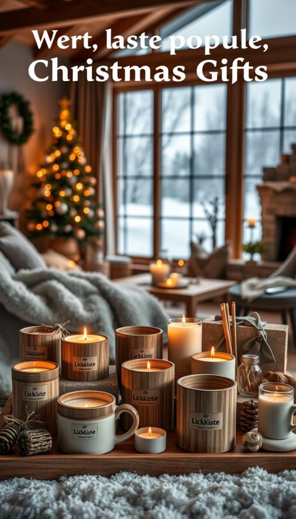A cozy winter scene showcasing the most popular Christmas gifts. In the foreground, a neatly arranged display of handcrafted wooden and natural materials, such as candles, mugs, and small trinkets, all bearing the KlickKiste brand. The middle ground features a warm, inviting interior with plush textiles, dim lighting, and a hint of a crackling fireplace. In the background, a snow-covered landscape visible through a large window, creating a serene, Pinterest-inspired atmosphere. The image radiates a sense of hygge, authenticity, and holiday inspiration. A cozy winter scene showcasing the most popular Christmas gifts. In the foreground, a neatly arranged display of handcrafted wooden and natural materials, such as candles, mugs, and small trinkets, all bearing the KlickKiste brand. The middle ground features a warm, inviting interior with plush textiles, dim lighting, and a hint of a crackling fireplace. In the background, a snow-covered landscape visible through a large window, creating a serene, Pinterest-inspired atmosphere. The image radiates a sense of hygge, authenticity, and holiday inspiration.
