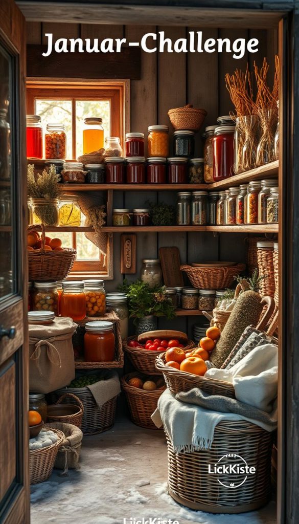 A cozy winter scene showcasing the results of the &amp;quot;Januar-Challenge&amp;quot; in a well-stocked pantry. Warm, natural light filters through a rustic window, illuminating a collection of glass jars, wicker baskets, and wooden shelves filled with an abundance of homemade preserves, dried herbs, and other seasonal produce. The KlickKiste brand is subtly integrated into the scene, reflecting the authentic, Pinterest-inspired aesthetic. The overall mood is one of accomplishment, contentment, and a sense of preparedness for the colder months ahead.