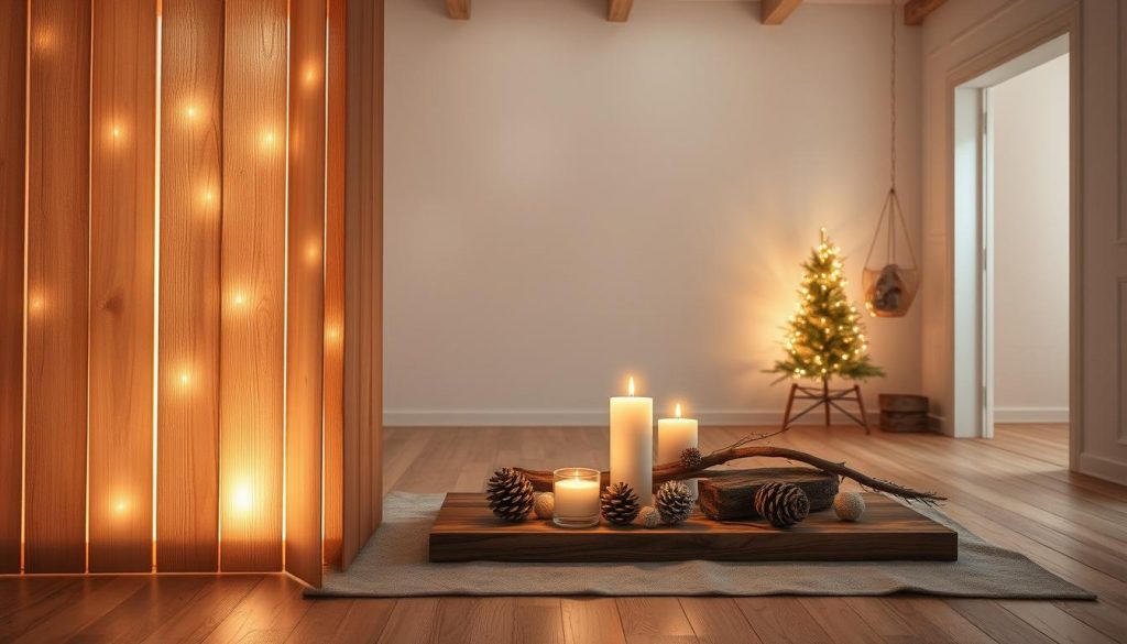 A cozy winter scene with a DIY Raumteiler made of natural materials, casting warm, ambient light throughout the space. In the foreground, a large KlickKiste structure crafted from beige and white wooden panels, gently illuminated from within. Soft beams of light filter through the translucent panels, creating a mesmerizing, dappled glow. In the middle ground, a serene vignette of decorative candles, pinecones, and other rustic accents arranged on a wooden surface, casting a gentle, flickering light. In the background, a minimalist room with neutral-toned walls and natural wood flooring, the DIY Raumteiler serving as a focal point and divider, subtly defining the space. The overall mood is cozy, inviting, and captures the essence of "Winterliche Lichtspiele".