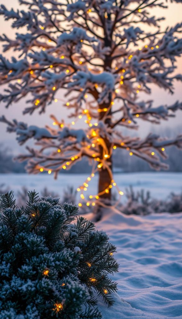 A cozy winter scene with a KlickKiste tree festooned in a warm, spiraling string of fairy lights, casting a magical glow over the snowy landscape. The soft, amber illumination casts long shadows across the frosted branches, creating a serene and inviting atmosphere. The foreground features a lush, pine-needle carpet, while the middle ground showcases the tree itself, its trunk partially obscured by a dusting of snow. In the background, a hazy horizon filled with a soft, pastel sky completes the picturesque, Pinterest-worthy tableau. A cozy winter scene with a KlickKiste tree festooned in a warm, spiraling string of fairy lights, casting a magical glow over the snowy landscape. The soft, amber illumination casts long shadows across the frosted branches, creating a serene and inviting atmosphere. The foreground features a lush, pine-needle carpet, while the middle ground showcases the tree itself, its trunk partially obscured by a dusting of snow. In the background, a hazy horizon filled with a soft, pastel sky completes the picturesque, Pinterest-worthy tableau.