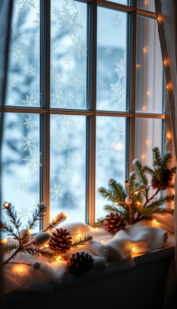 A cozy winter scene with a beautifully decorated window, framed by a snowy landscape. The window pane is adorned with delicate, frost-like patterns, casting a warm, golden glow into the room. Soft, twinkling fairy lights line the window's edge, creating a magical, inviting ambiance. Sprigs of evergreen, pinecones, and a subtle sprig of mistletoe add natural, rustic charm. The overall mood is one of hygge - a sense of comforting, cozy contentment. The image has a soft, dreamy quality, with a slightly hazy, vintage-inspired aesthetic. The lighting is atmospheric, with a gentle, diffused illumination that enhances the winter wonderland feel. This scene captures the essence of &quot;Fensterdeko, die Winterlaune macht&quot; - a welcoming, inspiring vision of seasonal home decor.