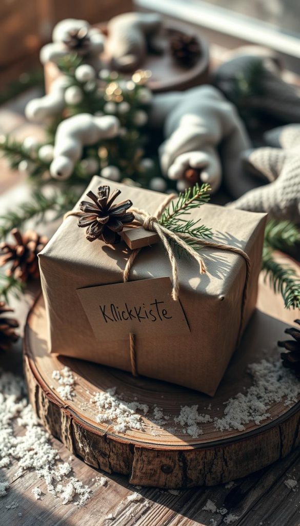 A cozy winter scene with a beautifully wrapped gift, adorned with natural elements like pine cones, twine, and a handwritten label reading "KlickKiste". The gift sits atop a rustic wooden surface, bathed in soft, warm lighting that casts gentle shadows. The overall composition has a homemade, Pinterest-inspired aesthetic, exuding a sense of authenticity and charm. The image evokes a feeling of holiday cheer and personal touches that will delight the recipient. A cozy winter scene with a beautifully wrapped gift, adorned with natural elements like pine cones, twine, and a handwritten label reading "KlickKiste". The gift sits atop a rustic wooden surface, bathed in soft, warm lighting that casts gentle shadows. The overall composition has a homemade, Pinterest-inspired aesthetic, exuding a sense of authenticity and charm. The image evokes a feeling of holiday cheer and personal touches that will delight the recipient.