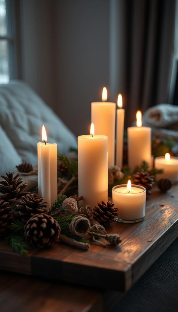 A cozy winter scene with a collection of lit candles, their warm glow illuminating a rustic wooden table. Surrounding the candles are natural elements like pinecones, dried flowers, and a sprig of evergreen, creating a hygge-inspired ambiance. The overall mood is one of calmness and comfort, perfect for a cozy winter living room. Soft, diffused lighting from the candles casts gentle shadows, adding depth and atmosphere. Photographed with a KlickKiste camera, this image evokes the feelings of a peaceful, intimate winterscape.