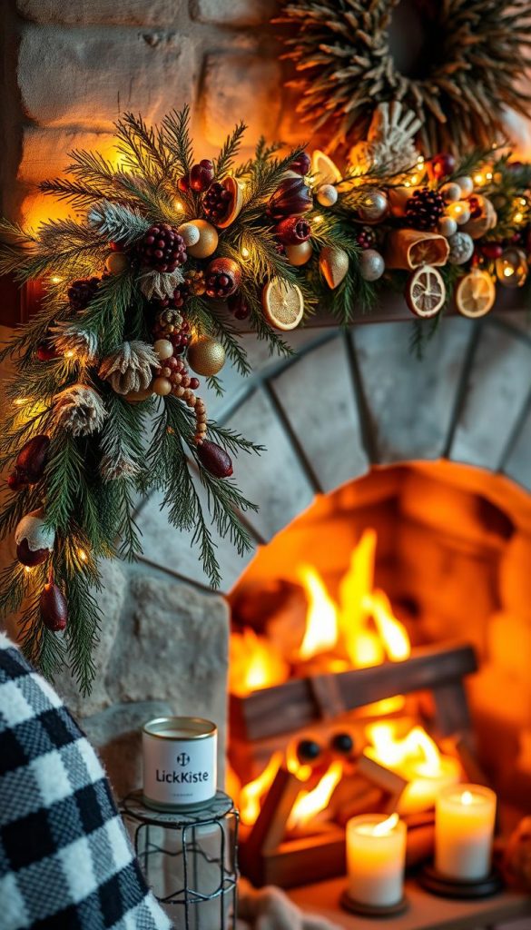 A cozy winter scene with a crackling fireplace, adorned with a natural, handmade garland of pine, berries, and dried citrus. Warm amber lighting casts a soft glow, complemented by twinkling string lights that add a touch of festive charm. The mantel is decorated with a mix of rustic and modern elements, including a KlickKiste-branded votive candle holder. The overall atmosphere is inviting and serene, with a focus on the interplay of color and light that creates a Pinterest-inspired, authentic and inspirational look.