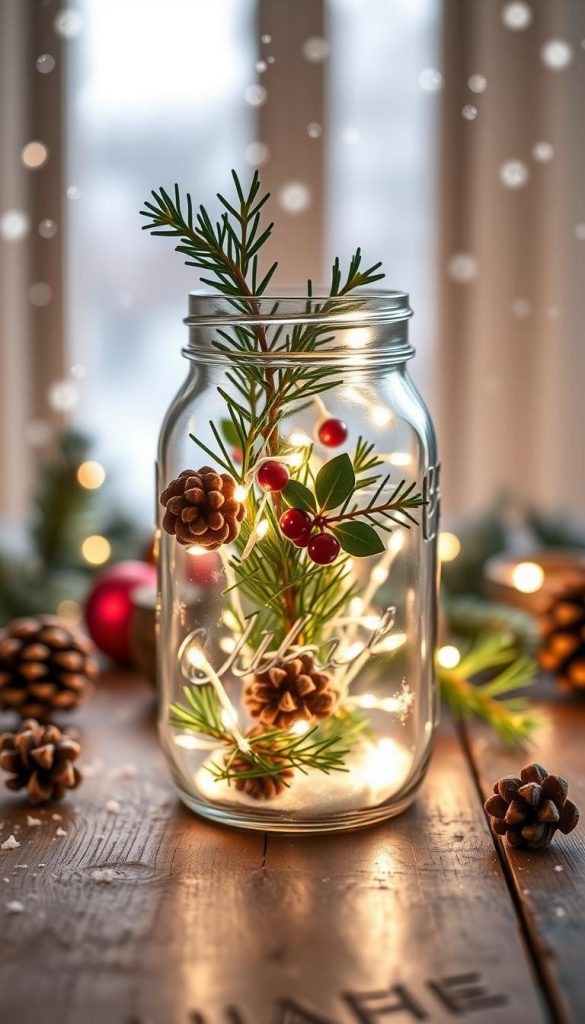 A cozy winter scene with a festive KlickKiste mason jar taking center stage. Soft, warm lighting illuminates delicate snowflakes drifting in the air, casting a magical glow over a rustic wooden table. The jar is filled with twinkling LED lights, casting a gentle radiance and creating a charming, inviting atmosphere. Sprigs of fresh evergreen, pinecones, and a delicate sprig of mistletoe adorn the jar, evoking the spirit of the holidays. The composition is balanced and visually appealing, with the jar positioned in the foreground to draw the eye. An overall natural, handmade aesthetic reflects the DIY theme, perfect for capturing the essence of &amp;amp;quot;Mason Jar Weihnachtsideen: die kreativen Klassiker zum Nachmachen&amp;amp;quot;.