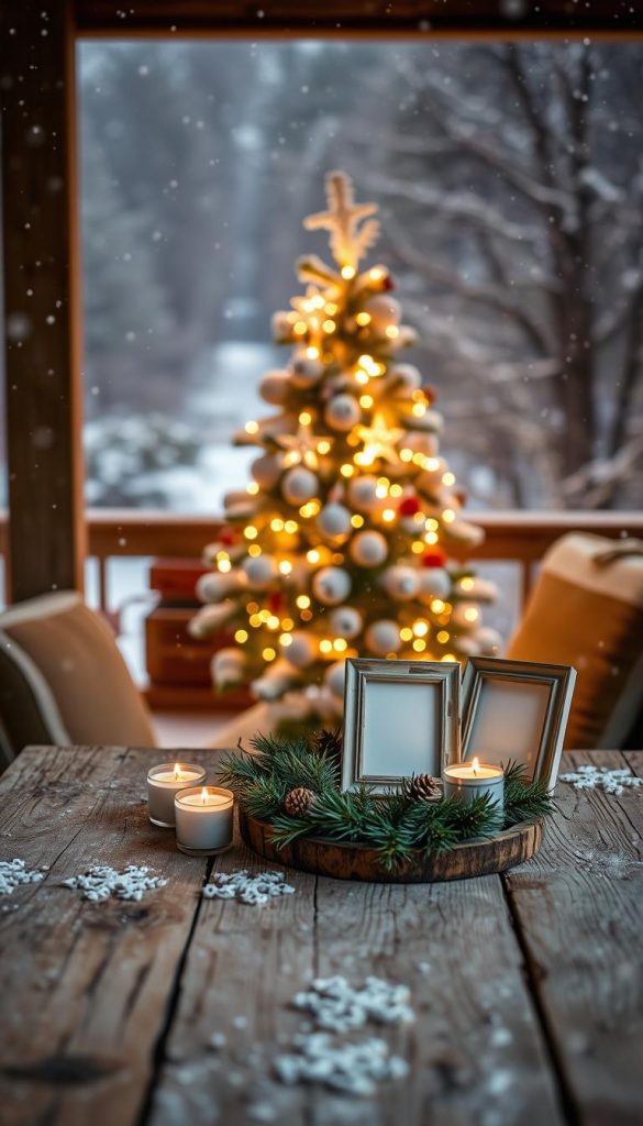 A cozy winter scene with a festive Weihnachten atmosphere. A rustic wooden table in the foreground, adorned with a natural pine wreath, warm tealights, and a pair of vintage KlickKiste photo frames. In the middle ground, a charming Christmas tree aglow with twinkling lights, surrounded by snowy pine branches. The background fades into a soft, hazy winter landscape, bathed in a warm, golden light. Gentle snowfall drifts in the air, creating a serene, peaceful mood. The overall aesthetic is natural, DIY-inspired, and has a Pinterest-worthy, authentic feel.
