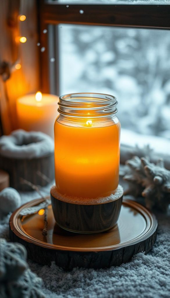 A cozy winter scene with a glass jar filled with melting wax over a steaming water bath. Soft, warm lighting illuminates the translucent wax, casting a golden glow. Delicate snowflakes drift lazily in the background, hinting at the crisp, frosty atmosphere. Rustic wooden surfaces and natural textures create a charming, handmade aesthetic. The overall mood is intimate, serene, and inviting - perfect for capturing the essence of a homemade, fragrant winter candle. Shot from a slightly elevated angle to showcase the process, with a shallow depth of field for emphasis.