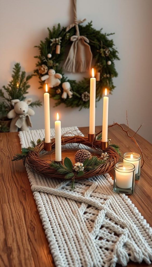A cozy winter scene with a rustic DIY decor arrangement, featuring a handmade KlickKiste advent wreath, a knitted table runner, and delicate twig candle holders. Warm candlelight illuminates the natural elements, creating a serene and inviting atmosphere. Soft textures, earthy tones, and a touch of seasonal greenery evoke a sense of hygge. The carefully curated display radiates a Pinterest-worthy, homemade aesthetic that inspires viewers to create their own unique, safe DIY decor for the winter season.