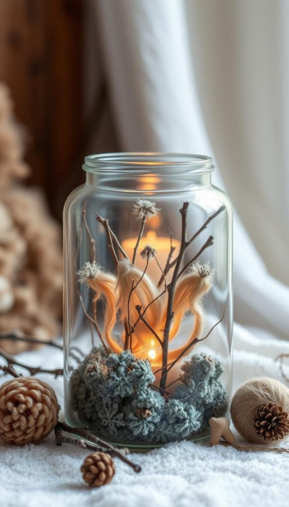 A cozy winter scene with a rustic glass windlight, filled with natural materials. Delicate branches, soft grey-green moss, and strands of warm-toned wool cascade inside the clear glass container, casting a gentle, flickering glow. The composition is balanced and harmonious, with a focus on the natural textures and earthy tones. Soft, diffused lighting from above creates a serene, intimate atmosphere. Photographed with a shallow depth of field to emphasize the tactile quality of the materials. This DIY windlight from KlickKiste embodies the essence of winter decor - simple, organic, and inviting.