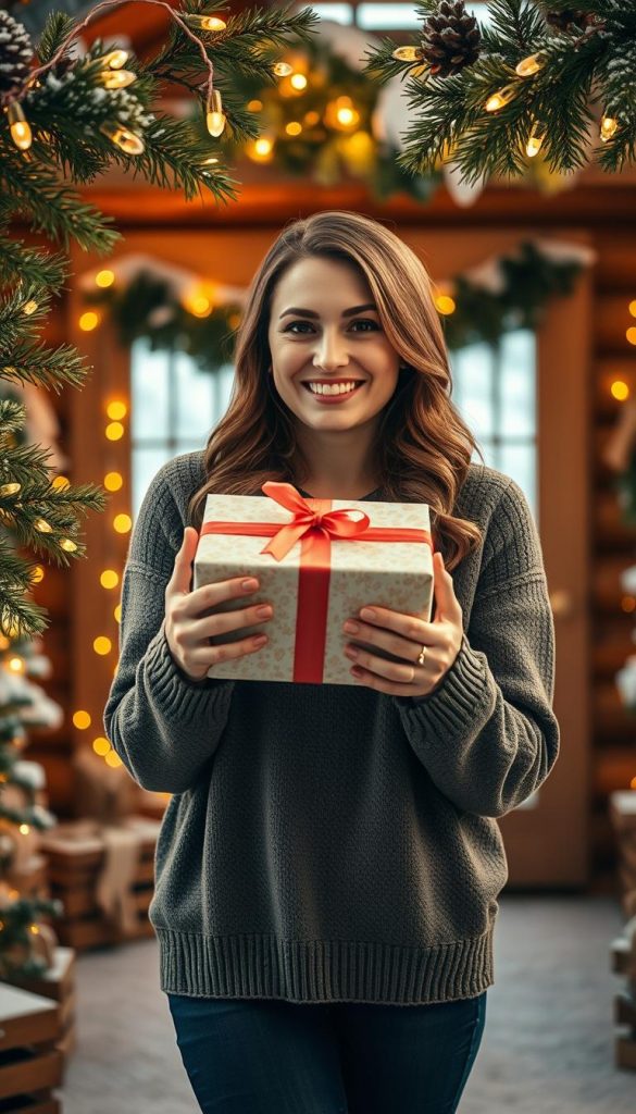 A cozy winter scene with a smiling woman holding a beautifully wrapped gift box. She stands in a rustic, cabin-like setting, surrounded by pine branches, twinkling lights, and a soft, snowy background. Warm, natural lighting casts a gentle glow, creating an atmosphere of comfort and contentment. The woman's expression radiates joy, inviting the viewer to imagine the special occasion and the thoughtful gift within. The image has a handcrafted, Pinterest-inspired aesthetic, reflecting a sense of homemade charm and seasonal elegance. A cozy winter scene with a smiling woman holding a beautifully wrapped gift box. She stands in a rustic, cabin-like setting, surrounded by pine branches, twinkling lights, and a soft, snowy background. Warm, natural lighting casts a gentle glow, creating an atmosphere of comfort and contentment. The woman's expression radiates joy, inviting the viewer to imagine the special occasion and the thoughtful gift within. The image has a handcrafted, Pinterest-inspired aesthetic, reflecting a sense of homemade charm and seasonal elegance.