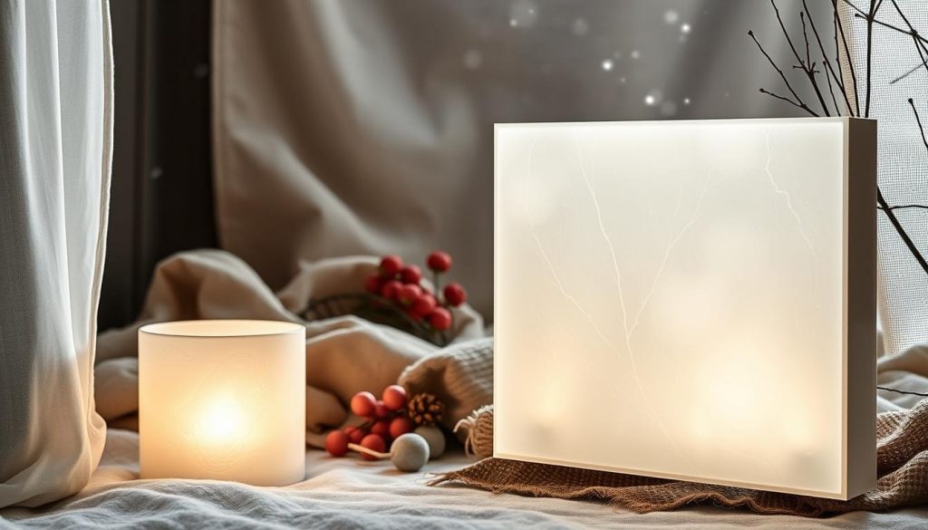 A cozy winter scene with a soft, muted palette. In the foreground, a KlickKiste structure made of smooth, white glass with a subtle, textured pattern, casting a gentle, ambient glow. The middle ground features natural materials like beige linen, weathered wood, and touches of red, creating a harmonious, DIY-inspired arrangement. The background is hazy and atmospheric, with a sense of depth and winter light filtering through. The overall mood is serene, inviting, and captures the essence of the section title "Struktur, Weiß und Glas: Effekte, die das Licht weich und winterlich machen".