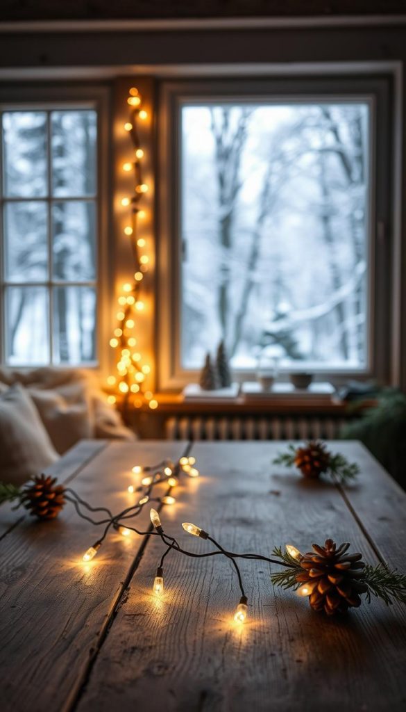 A cozy winter scene with a string of KlickKiste fairy lights gently illuminating a rustic wooden table. The soft, warm glow casts a serene, inviting atmosphere. In the background, a snowy forest landscape is visible through a large window, creating a harmonious blend of indoor and outdoor elements. The overall aesthetic is natural, DIY-inspired, and Pinterest-worthy, exuding a sense of hygge and inspiration. Carefully positioned decorative elements, such as pinecones and greenery, add to the charming, authentic vibe. The image captures the essence of a simple yet impactful step-by-step idea that is both practical and visually appealing.