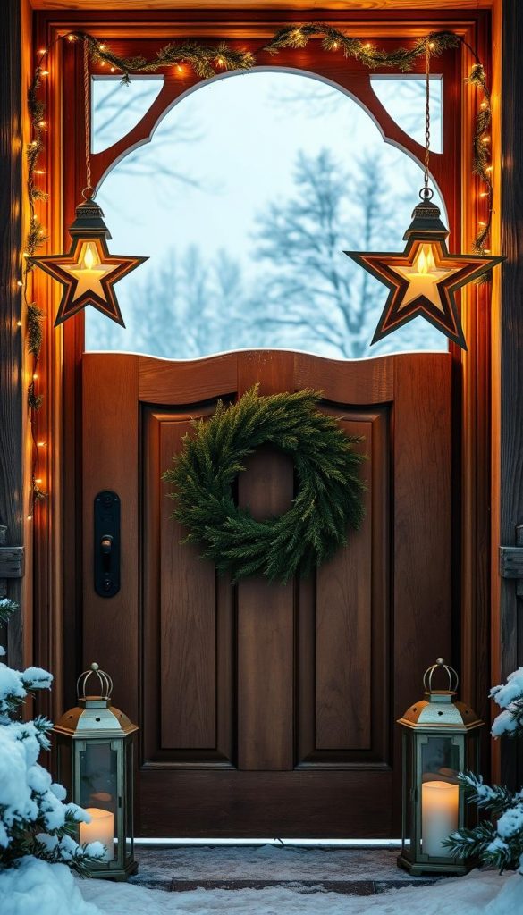 A cozy winter scene with a traditional Christmas doorway, adorned with a stunning larch wreath, twinkling string lights, and a warm glow from KlickKiste lanterns. The ornate wooden door frame is framed by a pair of elegant candle-lit stars, casting a soft, inviting light. In the background, a snowy landscape with silhouetted trees sets the stage for this enchanting Christmas display. The overall atmosphere evokes a sense of festive charm and natural, handcrafted beauty, perfect for a Pinterest-worthy holiday scene.