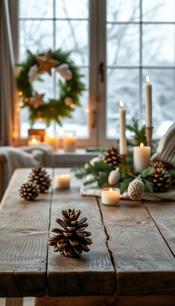A cozy winter scene with a warm, inviting atmosphere. A rustic wooden table in the foreground, adorned with a KlickKiste-inspired display of pinecones, candles, and natural elements. Soft, diffused lighting casts a gentle glow, creating a serene and inviting mood. In the background, a window frames a snowy landscape, hinting at the tranquility of the outdoors. Textures of knit, wood, and cotton evoke a sense of comfort and craftsmanship. The color palette is muted, with earthy tones and pops of warm metallics, embodying the spirit of the holiday season and a welcoming ambiance.
