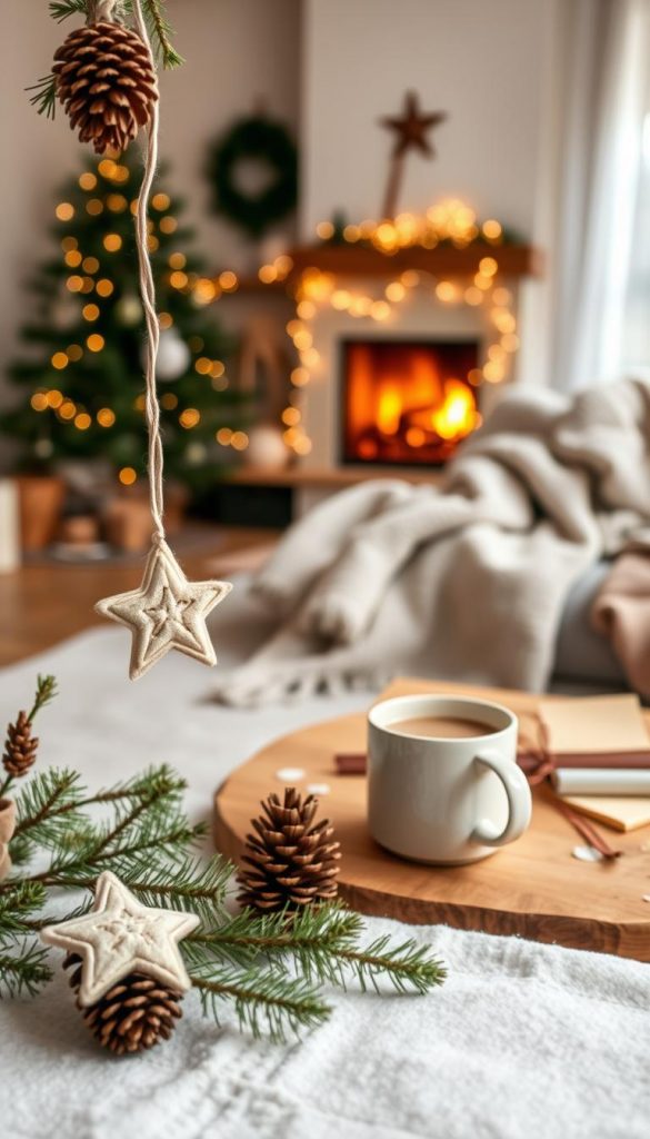 A cozy winter scene with a warm, inviting atmosphere. In the foreground, simple yet charming DIY crafts - a pine cone garland, a felt star decoration, and a handmade ornament. Soft, neutral tones with pops of natural greenery and earthy textures create a homely, familial vibe. The middle ground features a wooden table, perhaps a DIY project, with a mug of hot cocoa and a stack of craft supplies. In the background, a glimpse of a living room with a plush blanket, twinkling fairy lights, and a crackling fireplace. Soft, diffused lighting bathes the scene in a welcoming glow, evoking a sense of comfort and togetherness. An authentic, Pinterest-inspired aesthetic that inspires easy, wholesome family activities.