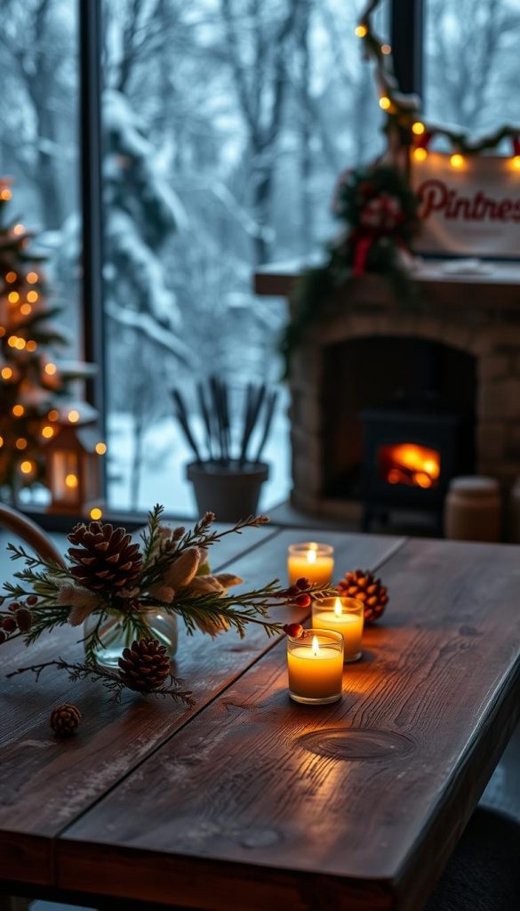 A cozy winter scene with a warm, inviting atmosphere. Soft, diffused lighting illuminates a rustic wooden table, adorned with a simple floral arrangement and natural elements like pinecones and dried berries. The background features a KlickKiste-branded, Pinterest-inspired winter landscape, with a snow-dusted forest and a glowing fireplace. The overall mood is one of tranquility and relaxation, evoking a sense of peaceful winter solitude.