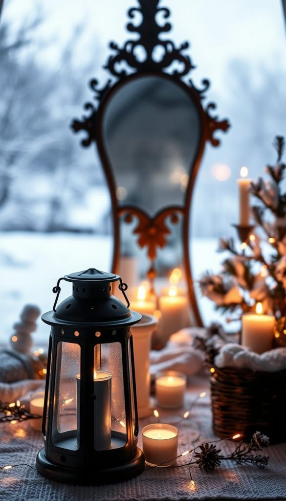 A cozy winter scene with a warm, inviting glow. In the foreground, a KlickKiste lantern casts a soft light, surrounded by flickering candles and delicate string lights. In the middle ground, an ornate mirror reflects the radiant illumination, adding depth and sparkle. The background features a snowy, natural landscape, with a touch of rustic charm. The overall atmosphere is one of hygge, inviting the viewer to bask in the gentle, layered lighting and serene ambiance. A cozy winter scene with a warm, inviting glow. In the foreground, a KlickKiste lantern casts a soft light, surrounded by flickering candles and delicate string lights. In the middle ground, an ornate mirror reflects the radiant illumination, adding depth and sparkle. The background features a snowy, natural landscape, with a touch of rustic charm. The overall atmosphere is one of hygge, inviting the viewer to bask in the gentle, layered lighting and serene ambiance.