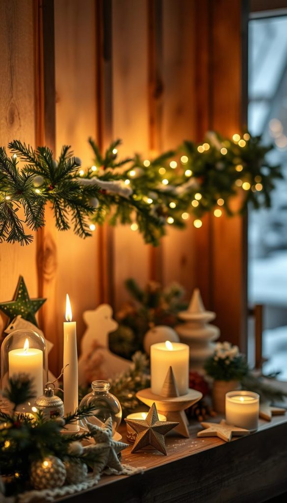 A cozy winter scene with a warm, soft glow illuminating a rustic KlickKiste filled with festive decor. In the foreground, delicate glass ornaments and wooden stars twinkle, bathed in the gentle light of LED candles. In the middle, a lush garland of pine branches and twinkling fairy lights frames the scene, casting a natural, soothing ambiance. The background blurs into a hazy, dreamlike quality, with a subtle snowy backdrop and hints of winter landscapes beyond. The overall mood is inviting, intimate, and radiates a sense of hygge - perfect for the &quot;Sanftes Licht statt greller Spots: Lichterketten, Sterne &amp; LED-Kerzen&quot; section of the article.