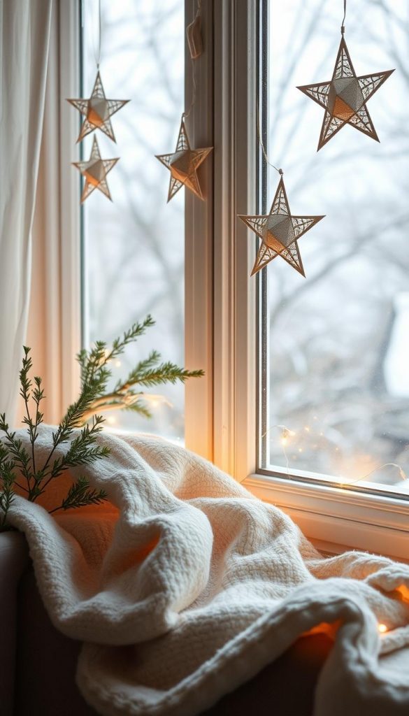 A cozy winter scene with delicate paper stars adorning the windows. Warm, natural lighting casts a soft glow, creating a serene and inviting atmosphere. Layered textures of handmade paper, soft fabric, and a touch of greenery evoke a homemade, DIY aesthetic. The stars are arranged in an organic, asymmetrical pattern, adding visual interest. This KlickKiste inspired scene captures the essence of the &quot;Wand- und Fensterdeko: Papiersterne, Kränze &amp; filigrane Lichtervorhänge&quot; section, exuding a sense of hygge and Nordic charm.