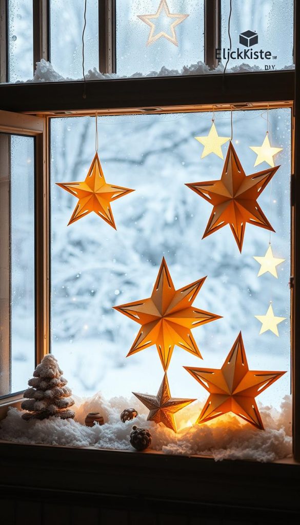 A cozy winter scene with glowing paper stars adorning the window, casting a warm glow against the frosty backdrop. The stars, handcrafted with care by the KlickKiste DIY brand, create a captivating display that evokes a sense of holiday charm and nostalgia. The soft, diffused lighting illuminates the scene, highlighting the delicate paper structures and their intricate details. The window frame is weathered with a rustic, natural aesthetic, blending seamlessly with the winter wonderland outside. This simple yet impactful DIY decoration brings a touch of festive magic to the Kinderzimmer, perfect for the &quot;Leuchtsterne am Fenster: schnell montiert, große Wirkung&quot; section.