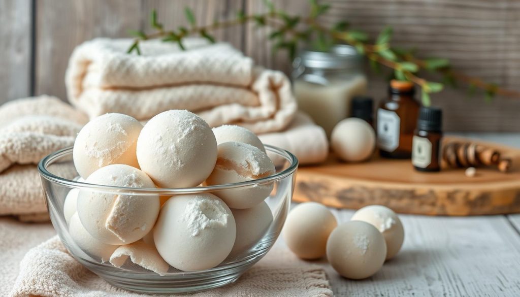 A cozy winter scene with homemade bath bombs in natural hues of beige, white, and wood. In the foreground, a glass bowl filled with a selection of bath bombs, some handcrafted in the signature style of the KlickKiste brand. In the middle ground, a stack of soft towels and jars of essential oils, signifying the DIY nature of the scene. The background features a rustic wooden surface, perhaps a table or countertop, with a sprig of greenery adding a touch of nature. Soft, diffused lighting creates a warm, inviting atmosphere, perfect for a relaxing winter self-care ritual.