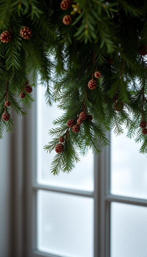 A cozy winter scene with lush, verdant pine branches cascading across the frame. Clusters of delicate mistletoe and pinecones accent the natural foliage, lending a rustic, organic feel. Soft, diffused lighting filters through a frosty window, casting a warm, inviting glow. The composition is balanced, with the greenery taking center stage against a muted, minimalist background. A sense of tranquility and simple elegance pervades the image, embodying the serene, grounding essence of "Grün."