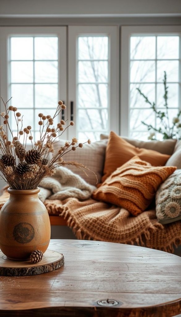 A cozy winter scene with natural materials and warm tones. In the foreground, a rustic wooden table is adorned with a handcrafted clay vase filled with dried flowers and pinecones. In the middle ground, soft wool blankets and knitted pillows in muted shades of beige, ochre, and sage green create a inviting texture. In the background, a large window frames a snowy landscape, allowing the soft, natural light to flood the space. The overall atmosphere is one of hygge - a sense of comfort, coziness, and contentment. Soft, ambient lighting casts a gentle glow, enhancing the natural materials and earthy tones. A subtle vignette effect adds to the nostalgic, Pinterest-inspired aesthetic.