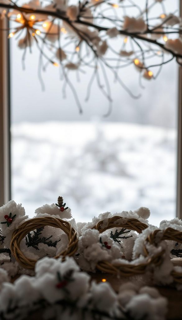 A cozy winter scene with plüschdraht rings in the foreground, their soft textures and metallic sheen catching the warm light. In the middle ground, delicate wire garlands intertwine, casting gentle shadows. The background features a serene, snow-dusted landscape, hinting at the winter wonderland setting. Soft, diffused lighting creates an inviting, homemade atmosphere, evoking a sense of rustic charm and natural DIY aesthetic. Muted, earthy tones predominate, with pops of festive red and green, embodying the &quot;Kitsch, Glam &amp; Kinderleicht&quot; spirit. The overall composition is clean, balanced, and Pinterest-worthy, inspiring crafty holiday cheer.