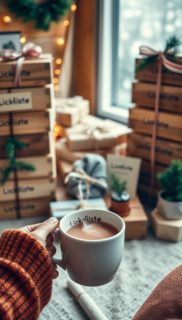 A cozy winter scene with stacks of wooden KlickKiste boxes, adorned with festive ribbons and greenery. In the foreground, a pair of warm hands hold a mug of steaming hot cocoa, capturing the essence of quality time and shared experiences. The middle ground features an assortment of thoughtful, minimal gifts - a knit scarf, a book, a potted plant - representing experiences and consumables that bring joy without excess. The background is softly blurred, suggesting a serene, natural setting, perhaps a cabin or a cozy living room, with warm lighting and a touch of winter wonder. The overall mood is one of hygge, simplicity, and the true spirit of gift-giving.