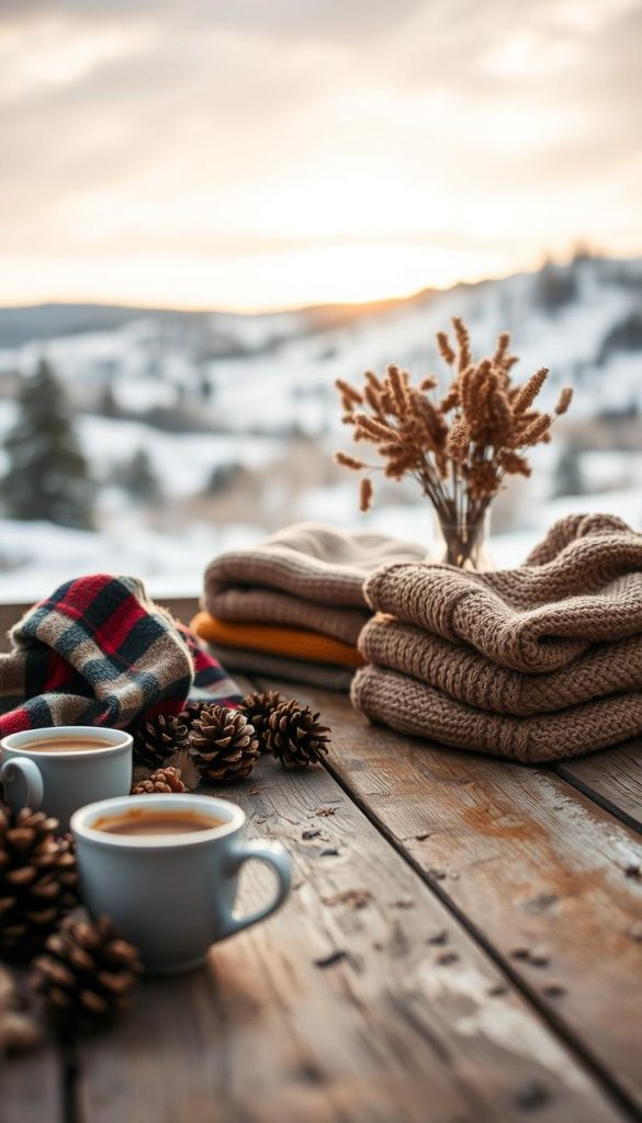 A cozy winter scene with warm, natural materials and inviting textures. In the foreground, a rustic wooden table is adorned with a plaid blanket, pine cones, and a hot drink. In the middle ground, a stack of knit sweaters in earthy tones sits beside a vase of dried flowers. The background is a soft, blurred landscape of snowy hills, with a golden glow from the setting sun. The lighting is soft and diffused, creating a peaceful, hygge-inspired atmosphere. Shot with a shallow depth of field to focus the viewer's attention on the carefully curated still life.